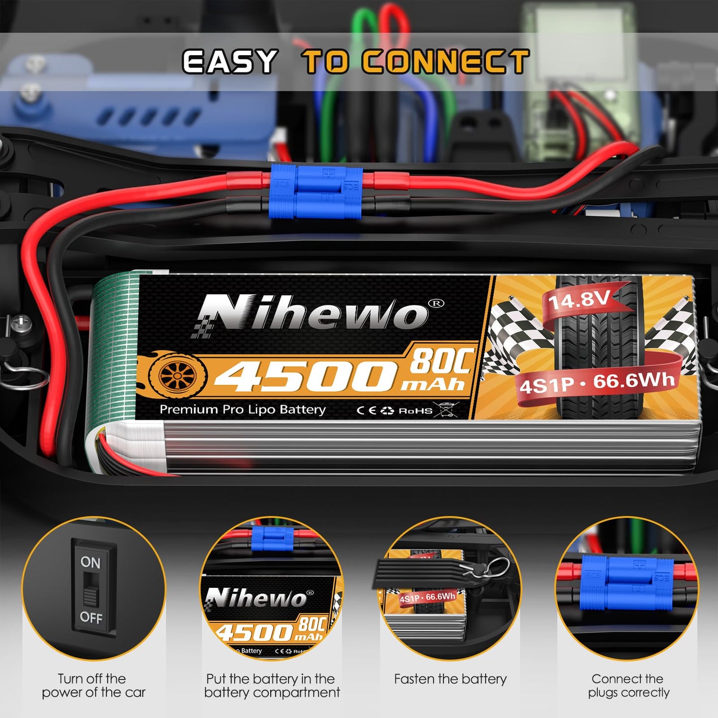 2 packs of 4S Lipo battery, Nihewo RC battery 14.8V 4500mAh 80C with EC5 plug. Compatible with 1/6 1/8 scale RC cars, trucks, planes, helicopters, boats, and tanks.