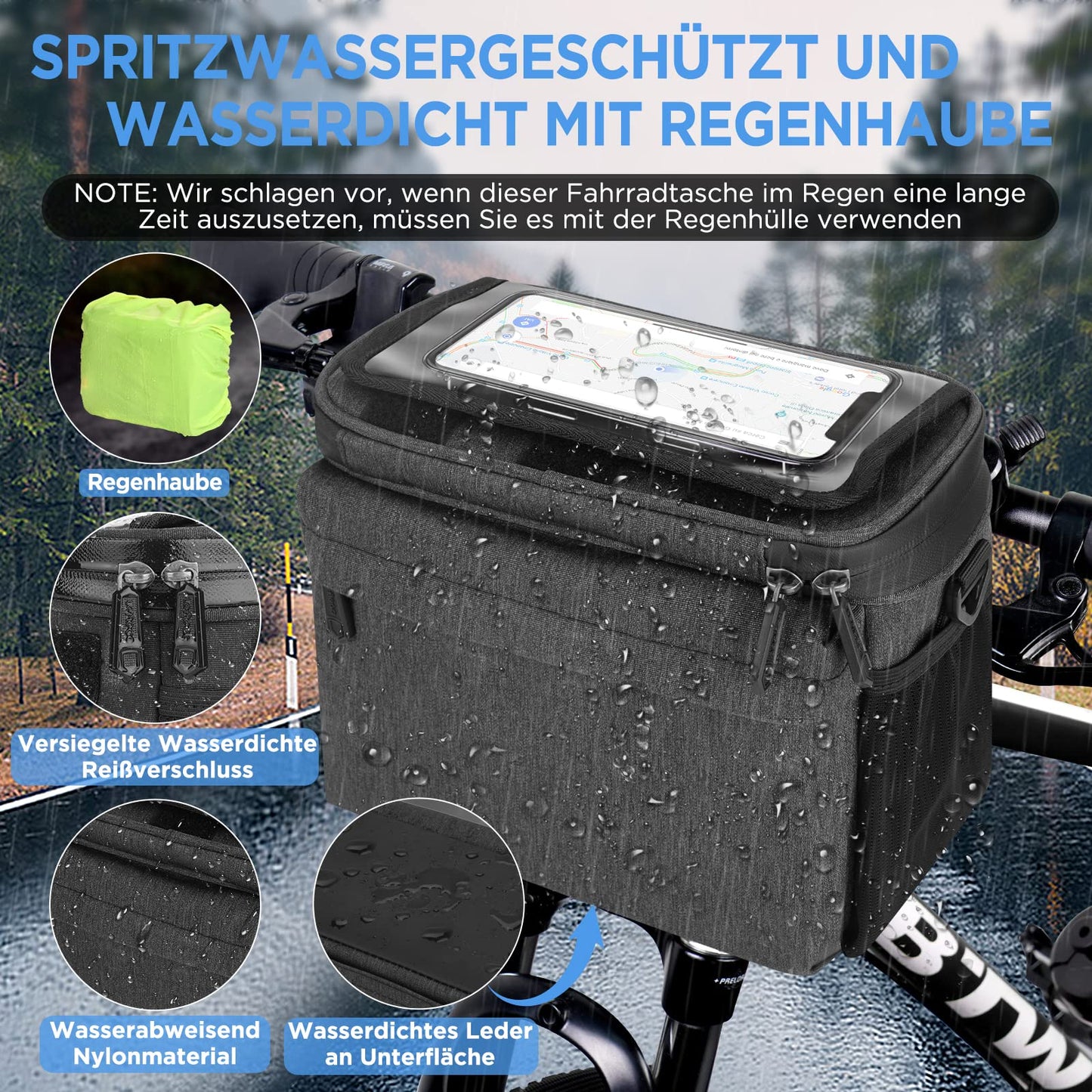 LEMEGO bike bag designed for e-bikes and bicycles, 5.3L capacity, waterproof handlebar basket with adapter. Features adjustable touchscreen phone holder and detachable shoulder strap.