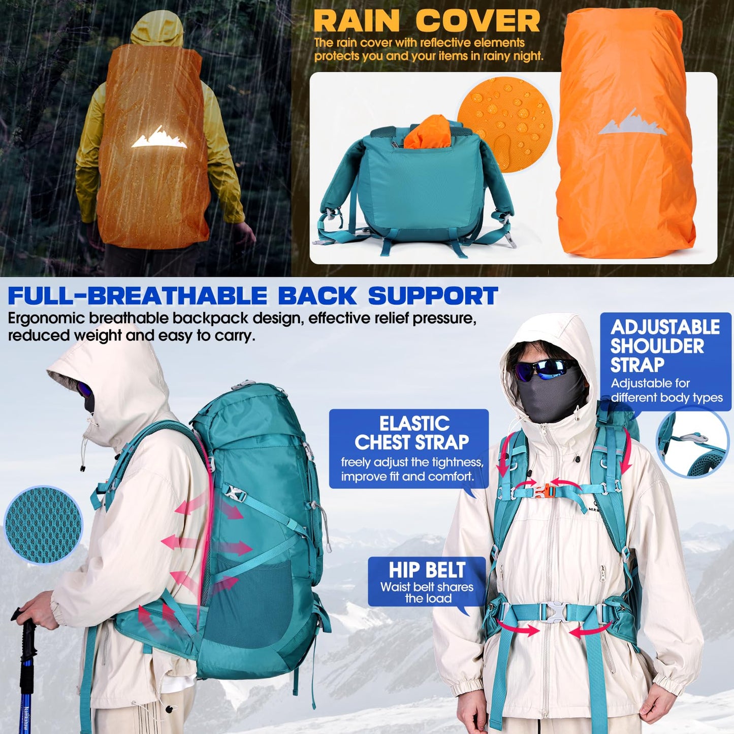 IGOLUMON trekking backpack 60L hiking backpack for men and women travel backpack large backpack with rain cover for camping trekking mountaineering outdoor travel, green