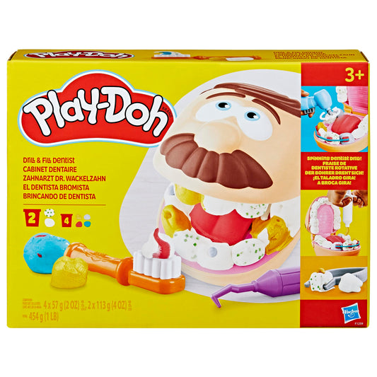 Play-Doh Dentist Dr. Wackelzahn Craft Set with 8 x 56g Tubs and 10 tools for shaping, with cavity clay and metallic clay, creative fun for kids.