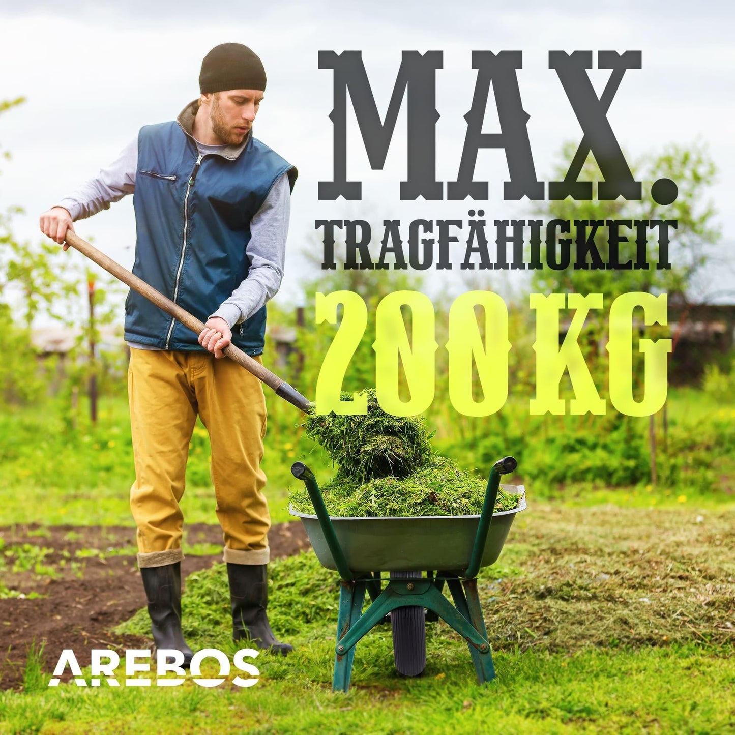 Arebos wheelbarrow wheel made of puncture-proof PU solid rubber. Load capacity 200 kg. Tire with steel rim. 4.80/4.00-8. Replacement wheel with axle. Diameter 390 mm. Grey.