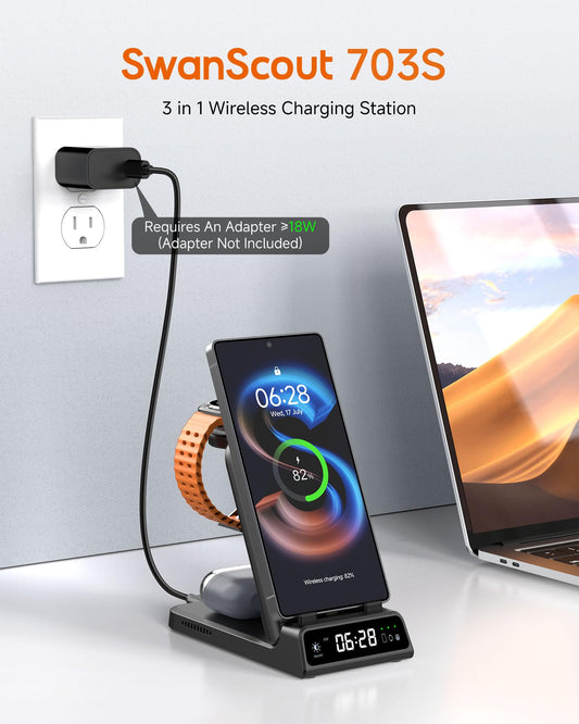 Inductive charging station for Samsung S25/Watch 8/8 Classic, SwanScout 703S, 3 in 1 Wireless Charger for Samsung S25 Ultra/S25+/S24/Fold 7, charger for Galaxy Watch Ultra 2025/7/6/5 & Buds (No Adapter)