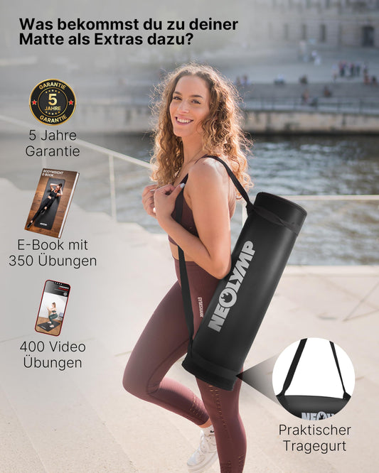 NEOLYMP extra thick and non-slip fitness mat with fitness e-book and carrying strap - Pilates mat, yoga mat, exercise mat, gymnastics mat, training mat (anthracite | 80 cm)