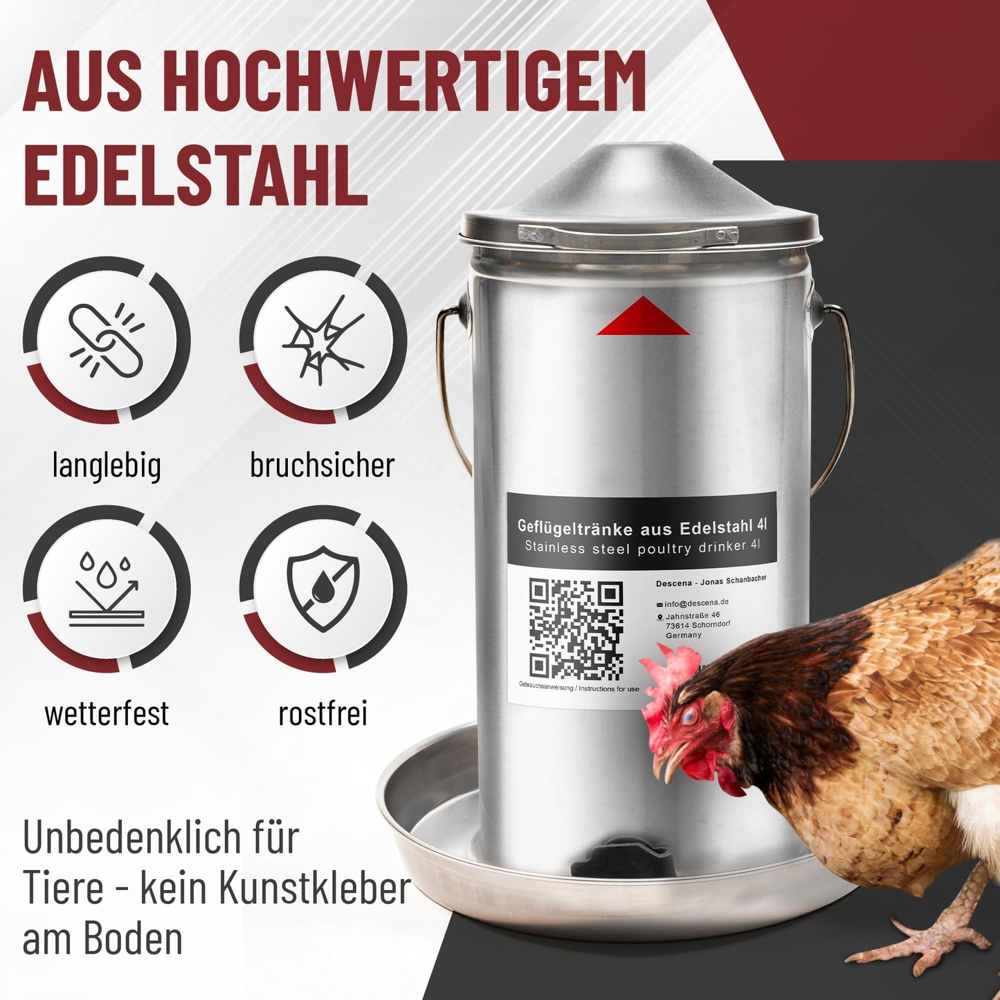 Chicken waterer 4 liters stainless steel: Poultry drinker metal easy cleaning | Heated chicken drinker compatible with candles + drink warmer for chickens.