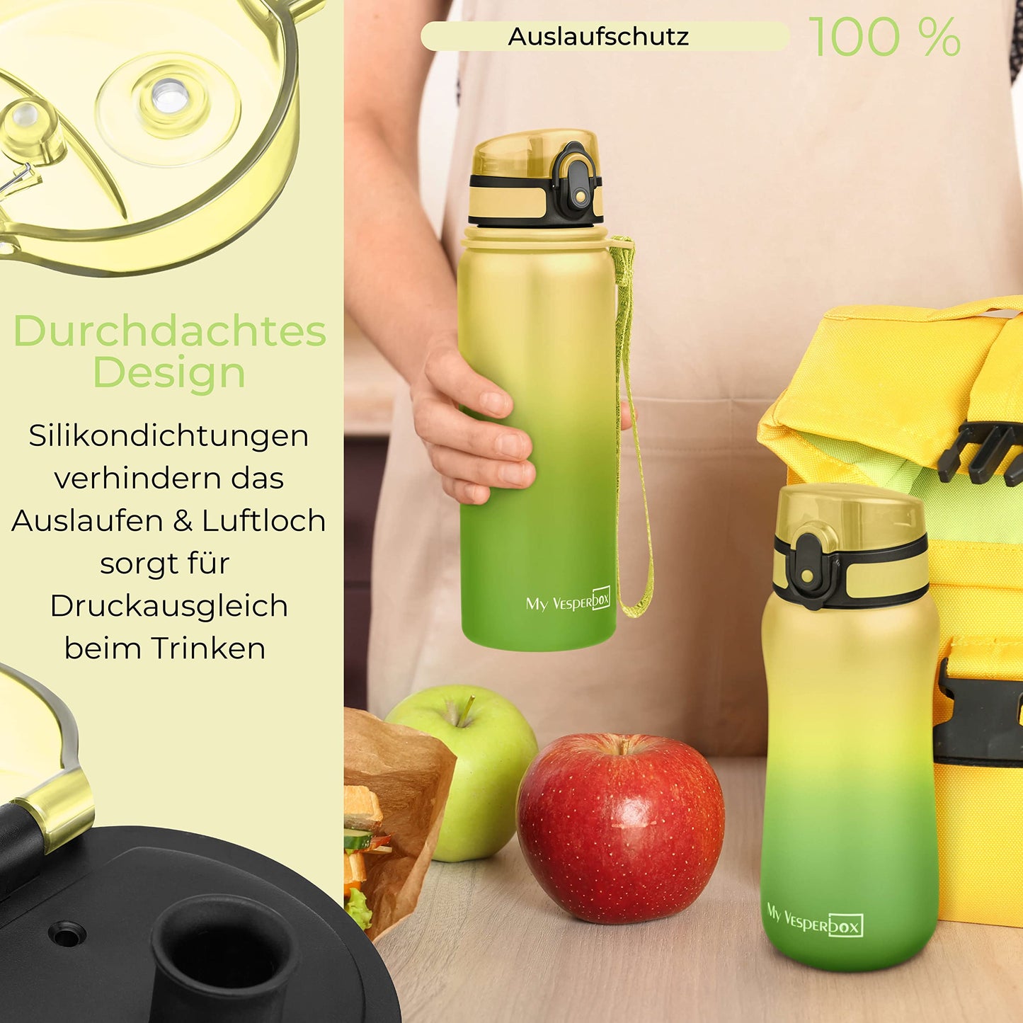 My Vesperbox - Thermo Minny - Stainless steel leak-proof water bottle with straw or sieve - 400ml, 600ml - Durable stainless steel water bottle for kids and adults - BPA free (Green - Yellow, 400ml)