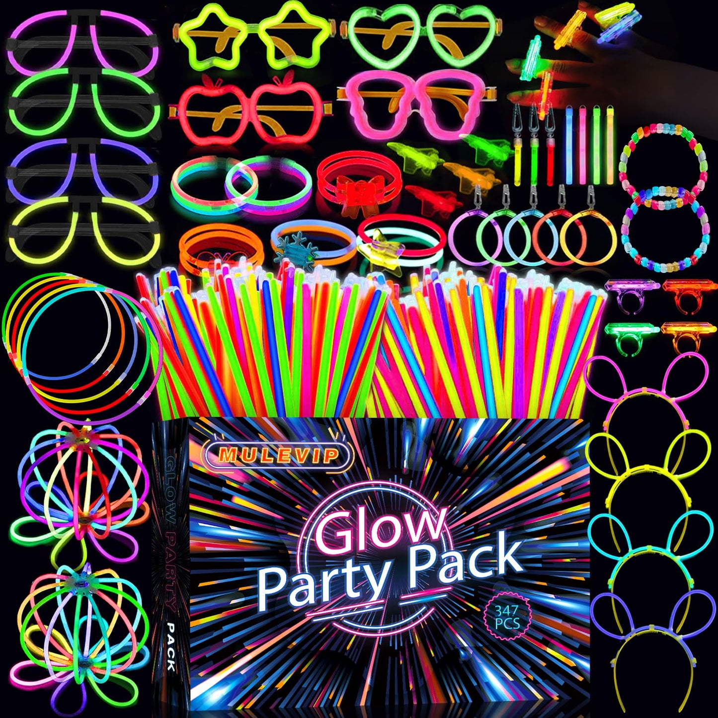 MULEVIP Glow Sticks Party Set 425 Pieces Glow Sticks, Neon Party Glow Bracelets Wedding Glow Toys for Party Decor, Glow Sticks Wedding, Light Sticks for Kids