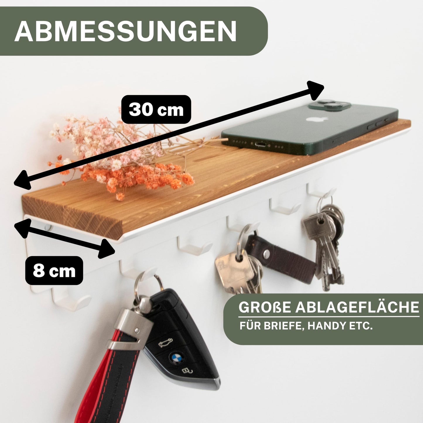 Clean® | Key rack with 6 hooks | Wooden key board | Oak | Wall organizer | Key box | Key holder with shelf | Key storage in black metal | 30x8x8cm