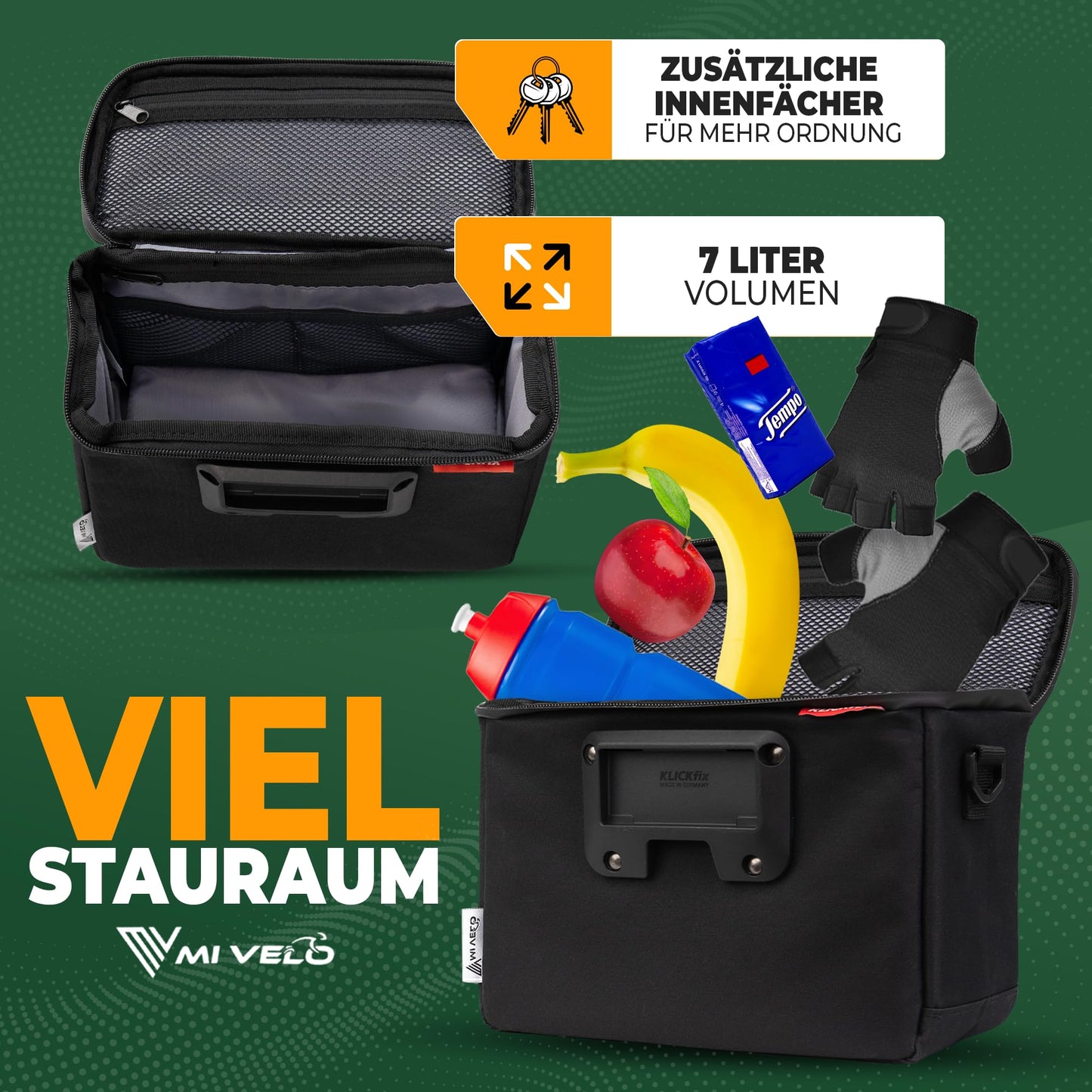 MIVELO Handlebar Bag for KLICKfix - incl. adapter - Handlebar Bike Bag - water-repellent & spacious - Handlebar Bag - Handlebar Bag - E-Bike suitable - with phone pocket