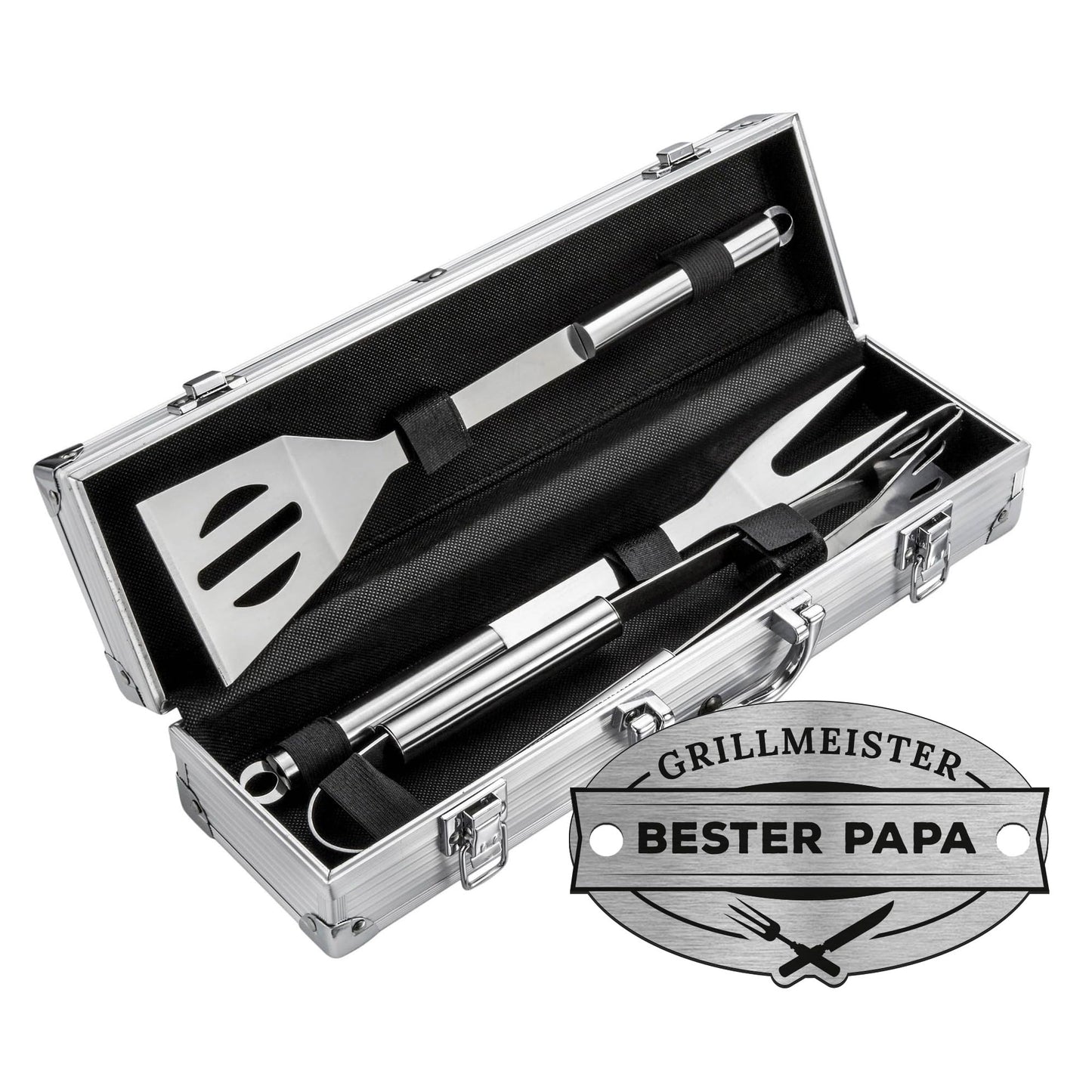 AMAVEL stainless steel BBQ set with utensils and engraving "Grillmaster & Best Dad", spatula, fork, and tongs, Father's Day gifts, gifts for men.