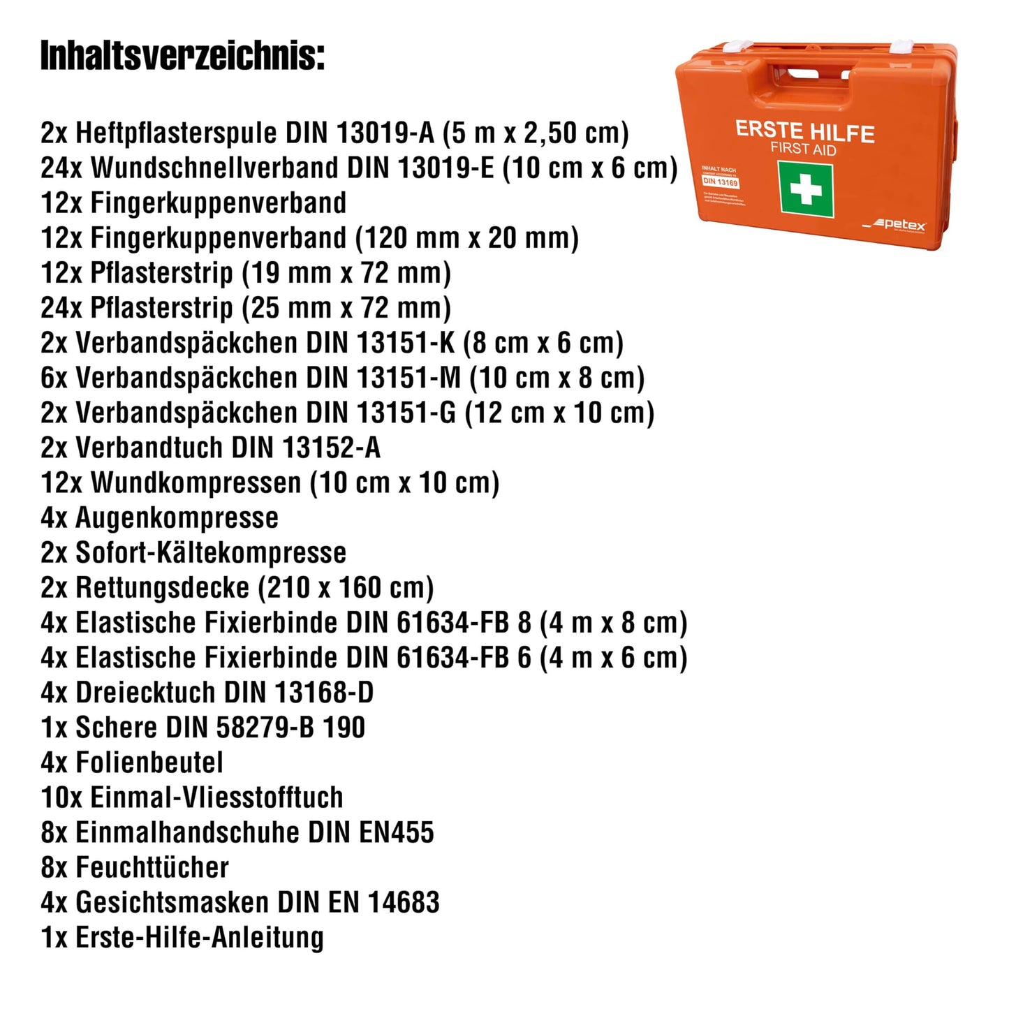 PETEX professional operating association case with content according to the new DIN 13169 including practical wall mount, 5 stickers, first aid kit, orange first aid kit for company, office, construction sites