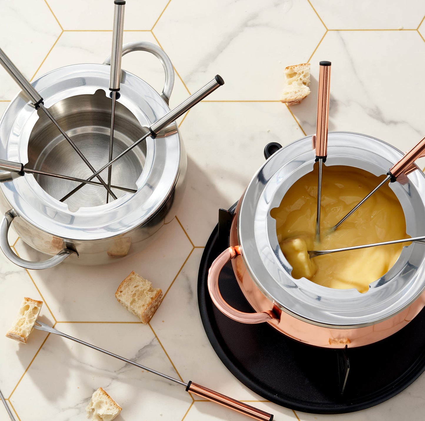 Oak & Steel - 10-piece Premium Stainless Steel Fondue Set for 6 people, Rose Gold/Copper - Chocolate, Cheese, Meat - Sturdy & Stylish - Gift Set for Valentine's Day/Birthday/Anniversary