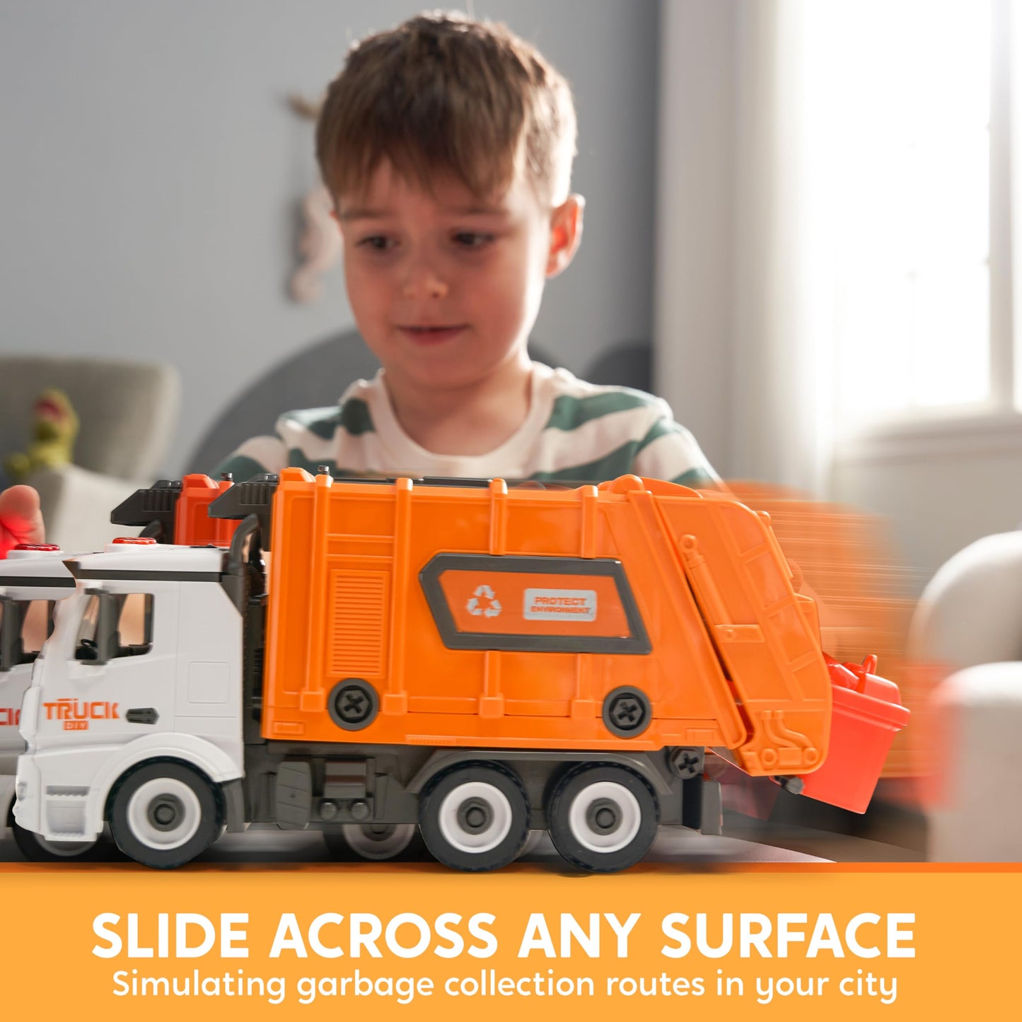 JOYIN Garbage Truck Toy for 3 4 5 6 Year Old Kids Boys and Girls, Trash Truck Toy, Garbage Truck Kids with Trash Bin, Light and Sounds, Screwdriver Toy, for DIY Assembly (orange)