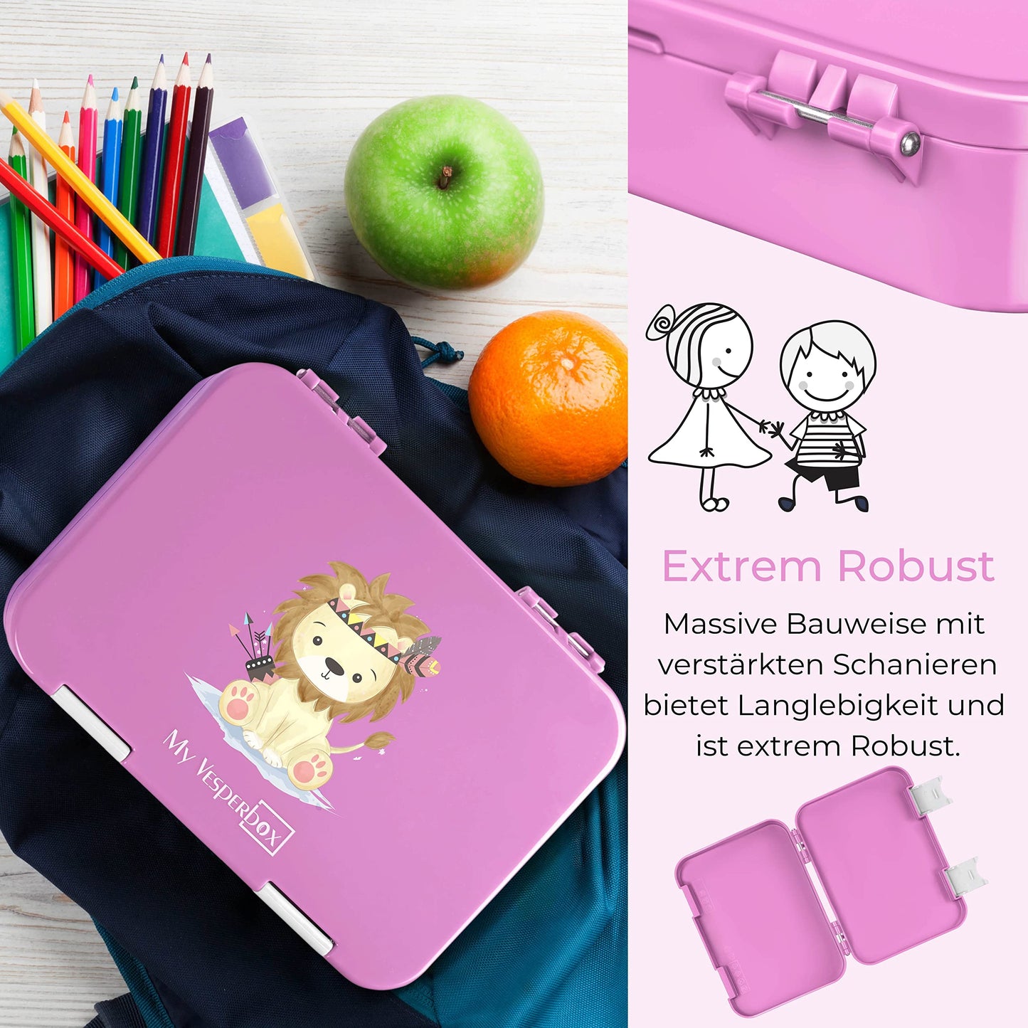 My Vesperbox - Len - Bento Box for Kids - Lunchbox with 4+2 compartments - extremely durable - sandwich box - ideal for kindergarten and school... (Pink - Native American lion with arrows)