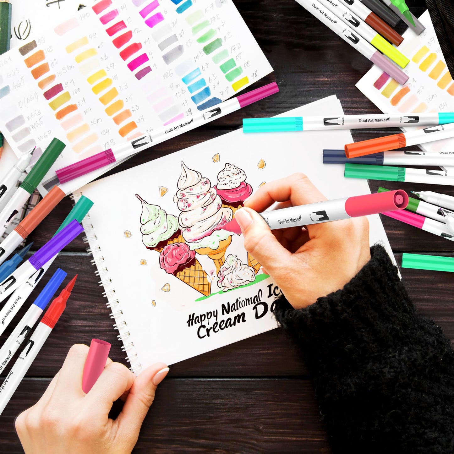 Halobios 120 Colors Dual Brush Pen Set, felt tip pens for kids and adults, coloring books, sketching, drawing, calligraphy, greeting cards - gift set