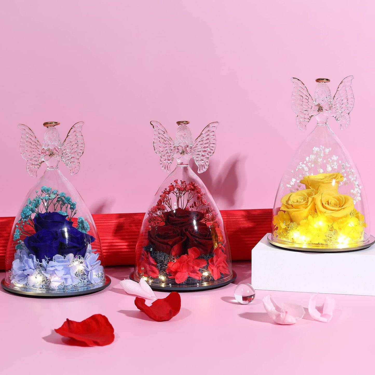 Faneeyo Angel Gifts for Women - Three Preserved Flower Roses in Glass, Birthday Gift for Her, Rose Figurines for Valentine's Day Mother's Day Christmas - Dark Blue