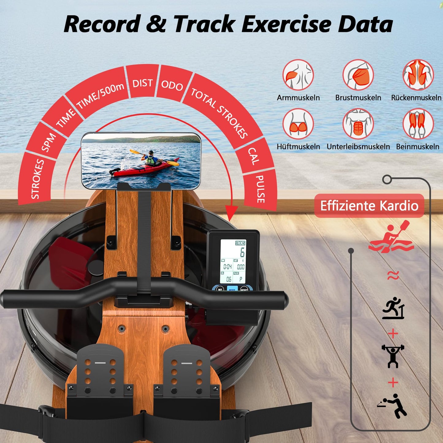 Wenoker Home Water Rowing Machine made of solid wood, foldable rowing machine with Bluetooth display, high-quality wood construction, double slide rails, max weight capacity of 150kg.