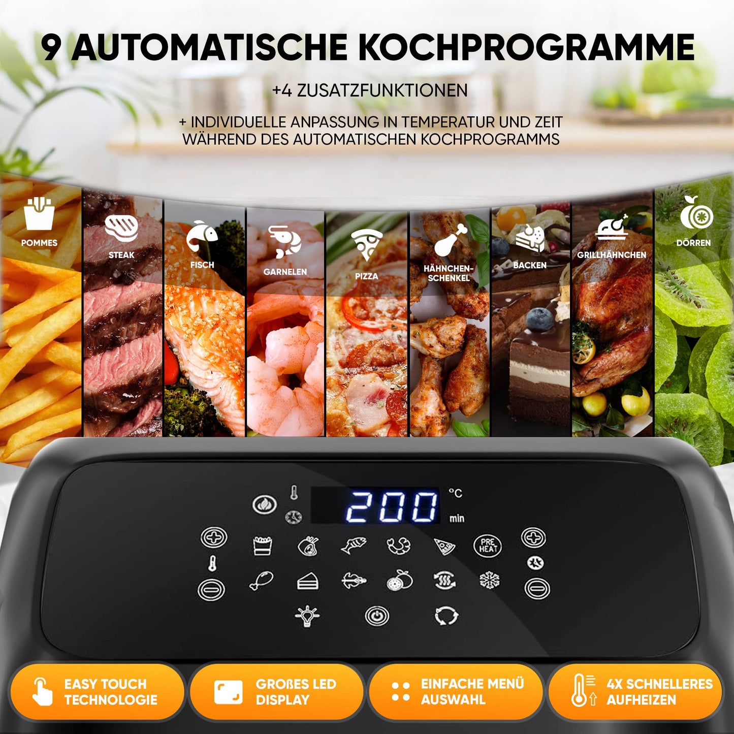 Stillstern Hot Air Fryer 12L with LED Touchscreen, XXL recipe book in German, 12 programs, preheat & keep warm, 1800W Hot Air Fryer Air Fryer XXL without oil dehydrating mini oven camping grill