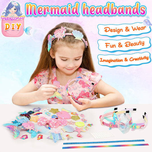 Pourbibi DIY headband making kit for girls, ages 5-12. Mermaid themed, perfect hair accessory for kids. Great gift idea! Craft toy.