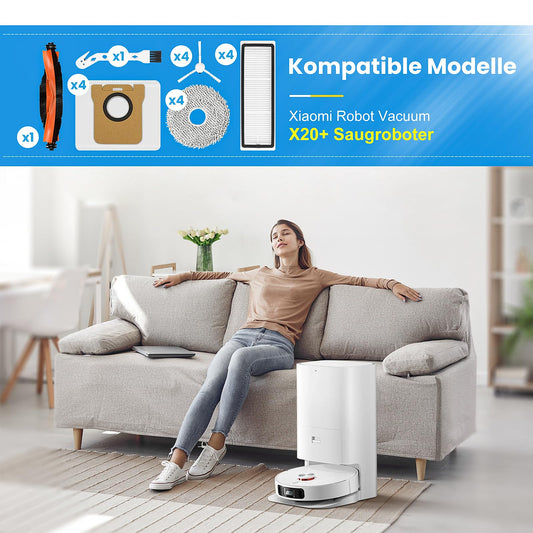 18 pieces of accessories for Xiaomi Robot Vacuum X20+ robot vacuum cleaner, including 1 main brush, 4 dust bags, 4 mop cloths, 4 side brushes, 4 filters, and 1 cleaning brush.