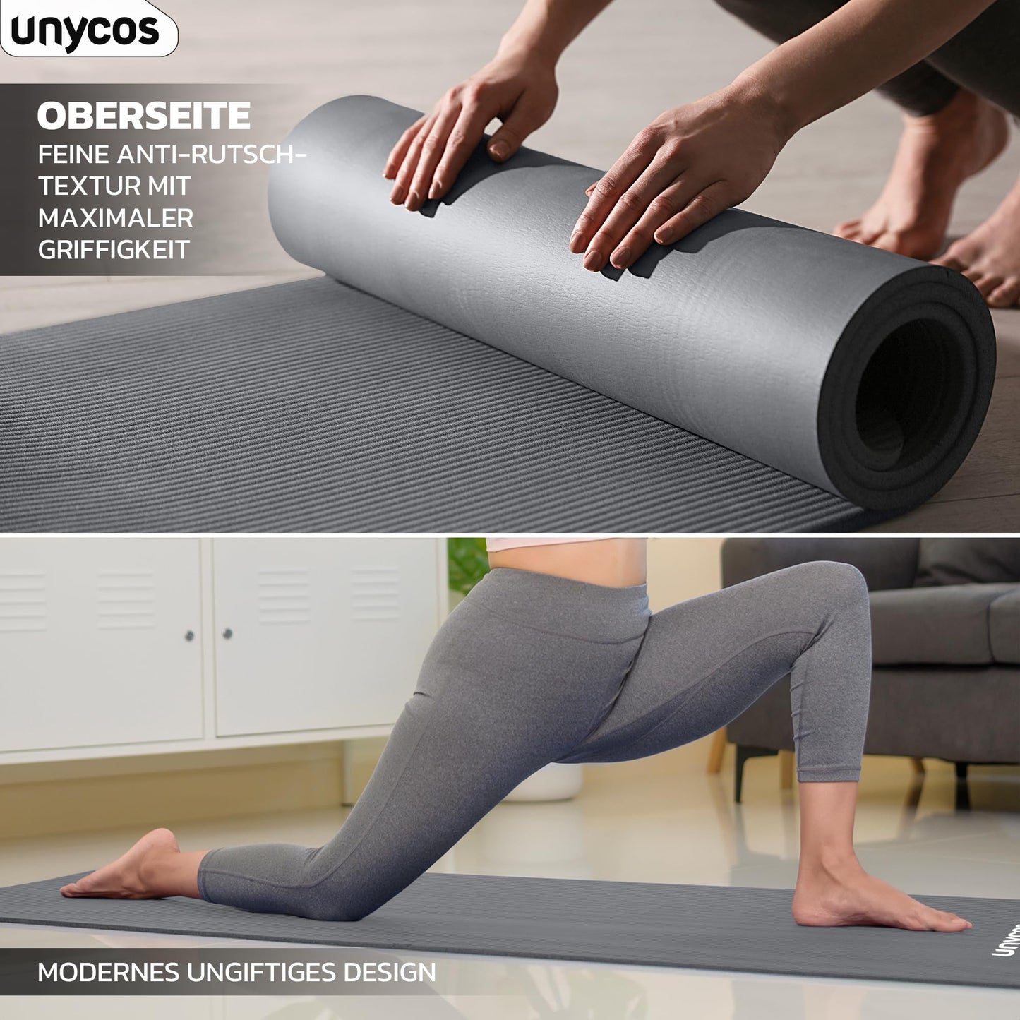 unycos - Gymnastics Mat - Yoga Mat Non-Slip【183x60 cm】NBR 15 mm Thickness | Includes Carry Strap and E-Book with Exercises, Non-Toxic Exercise Mat for Fitness, Pilates & Gym, Home Workout (Gray)