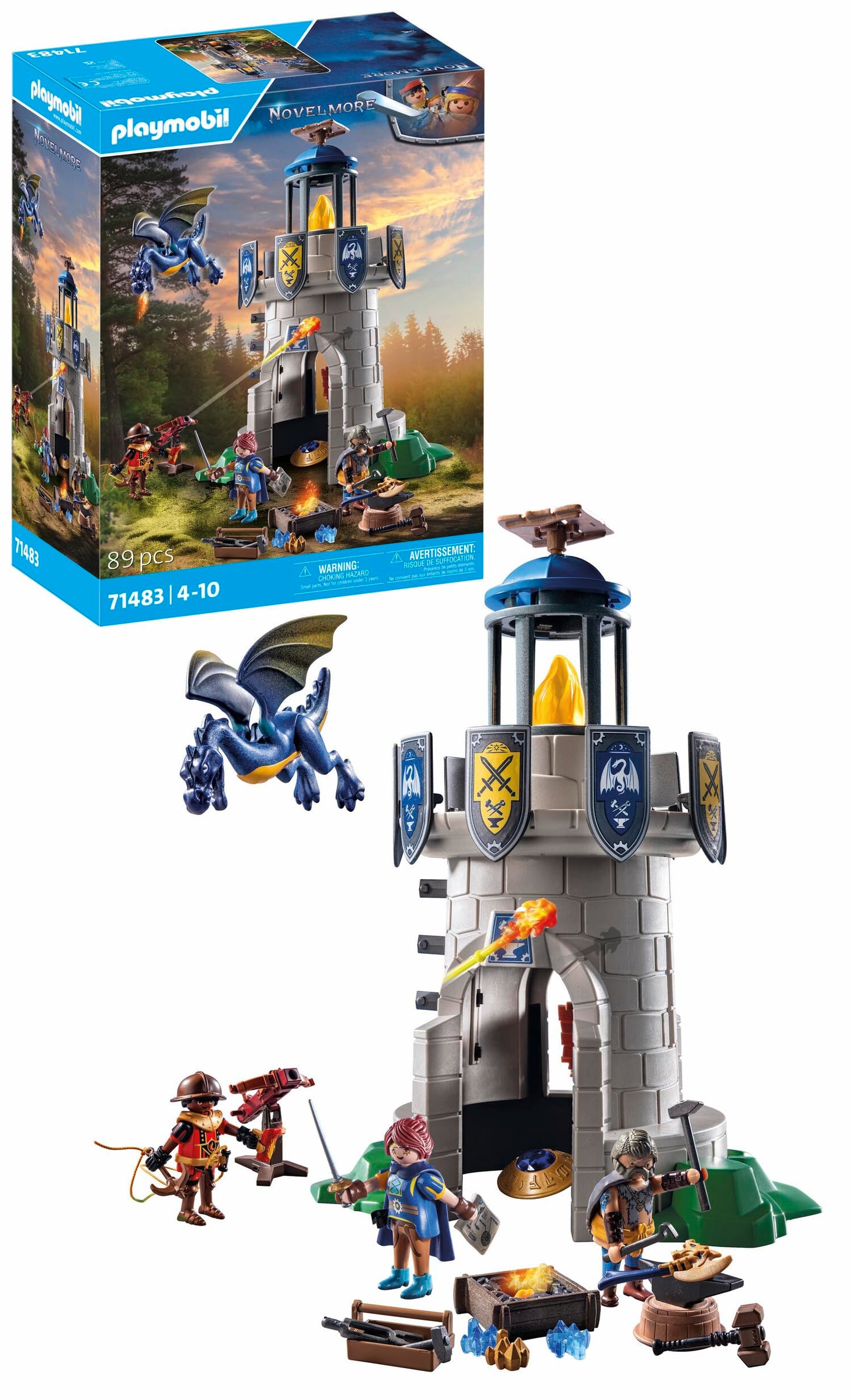 PLAYMOBIL Novelmore 71483 Knight's Tower with Blacksmith and Dragon, exciting battle between the Novelmore Knights and Burnham Raiders, detailed toy for kids aged 4 and up.