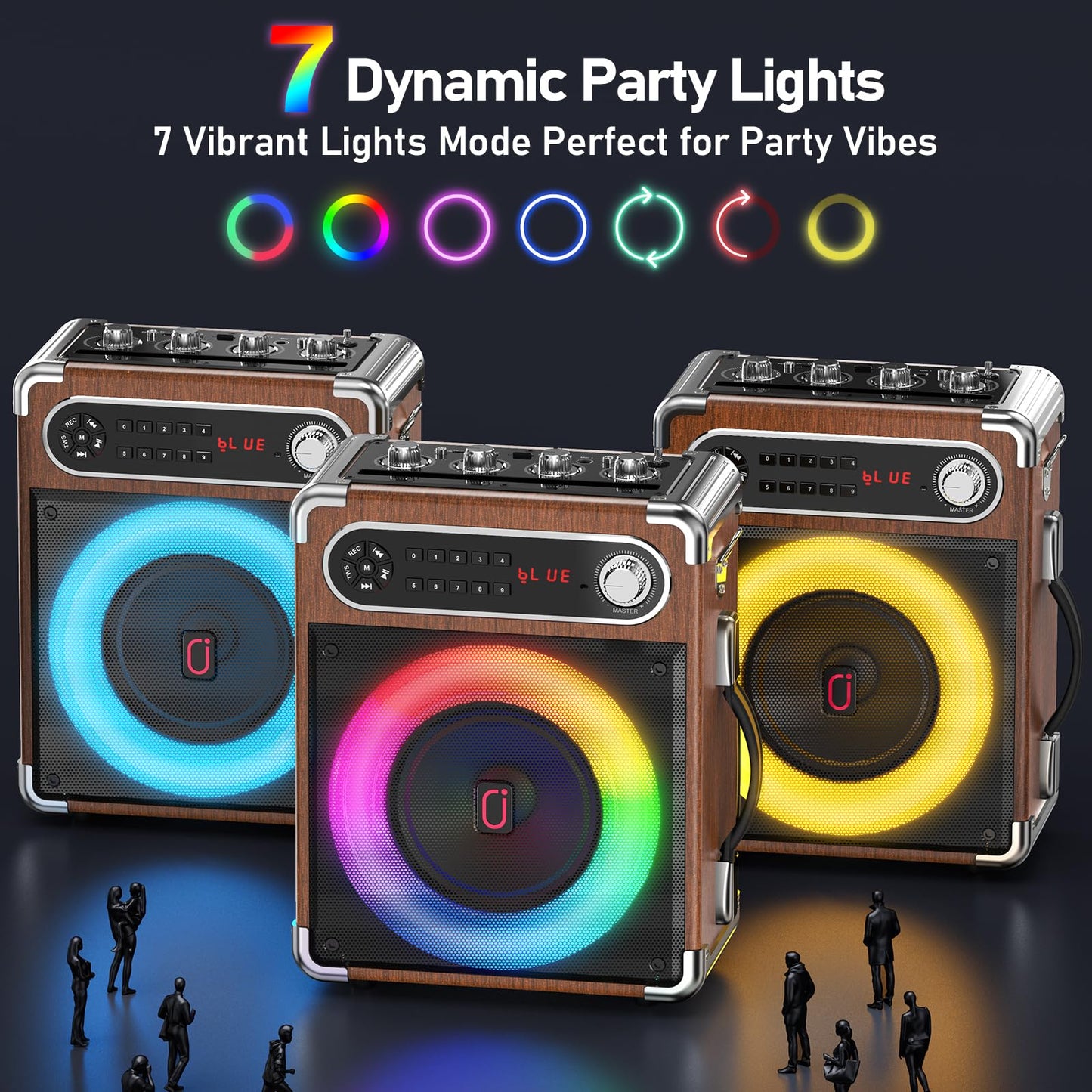 JYX Karaoke system with 2 wireless microphones, Portable PA system Karaoke speaker with adjustable treble/bass and LED lights, Supports TWS, USB/TF/FM radio, Recording function, Perfect for parties, indoors, and outdoors.