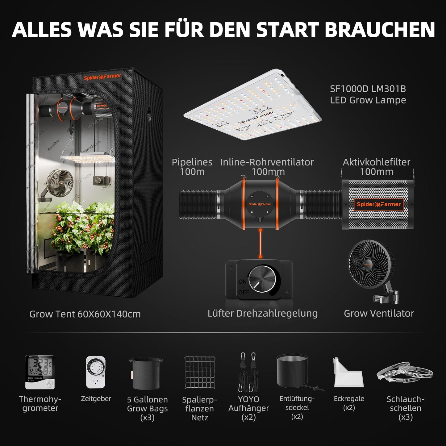 Spider Farmer SF1000D grow tent complete set LED grow light full spectrum Samsung LM301B LEDs grow tent kit complete 60x60x140cm hydroponics 1680D growing tent kit ventilation system