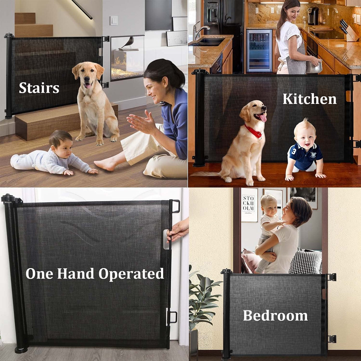 Stair gate Door gate Retractable 0-150 cm,Baby safety gate Stair guard for children,Cats and dogs,Suitable for indoor outdoor use (Black-150CM)