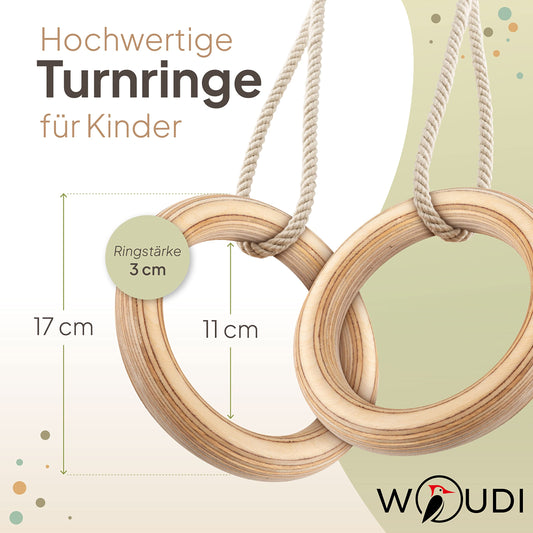Woudi® wooden gymnastic rings made of laminated solid wood, swing rings with adjustable ropes, for kids and adults I Indoor & Outdoor use I gymnastic rings I toy (17cm outer diameter).