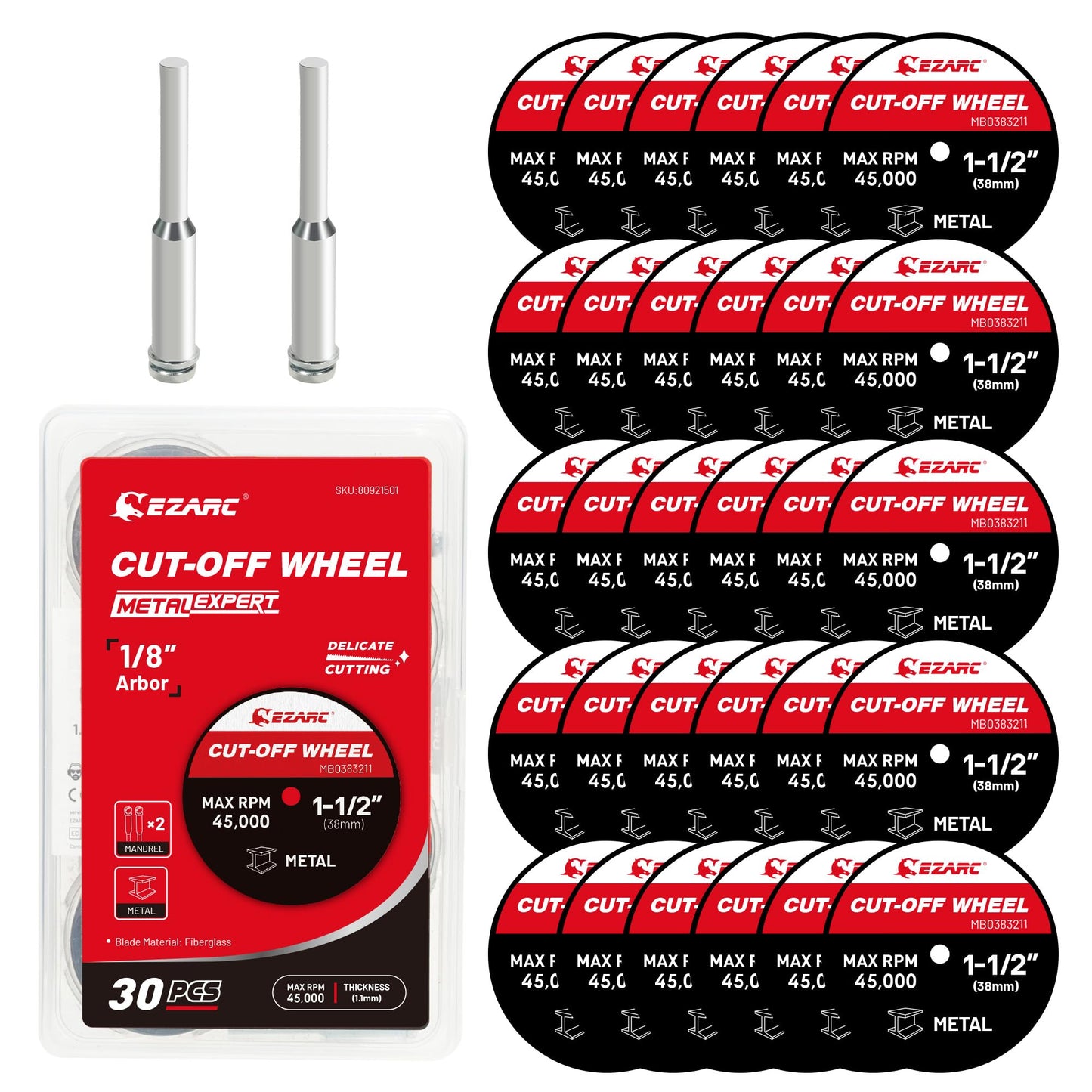 EZARC 38mm Cut-off Wheels Set - 32 Pieces, Cutting Discs for Rotary Tools, Precise Cuts, for Metal, Aluminum, Steel, and more - Includes 2 Mandrels