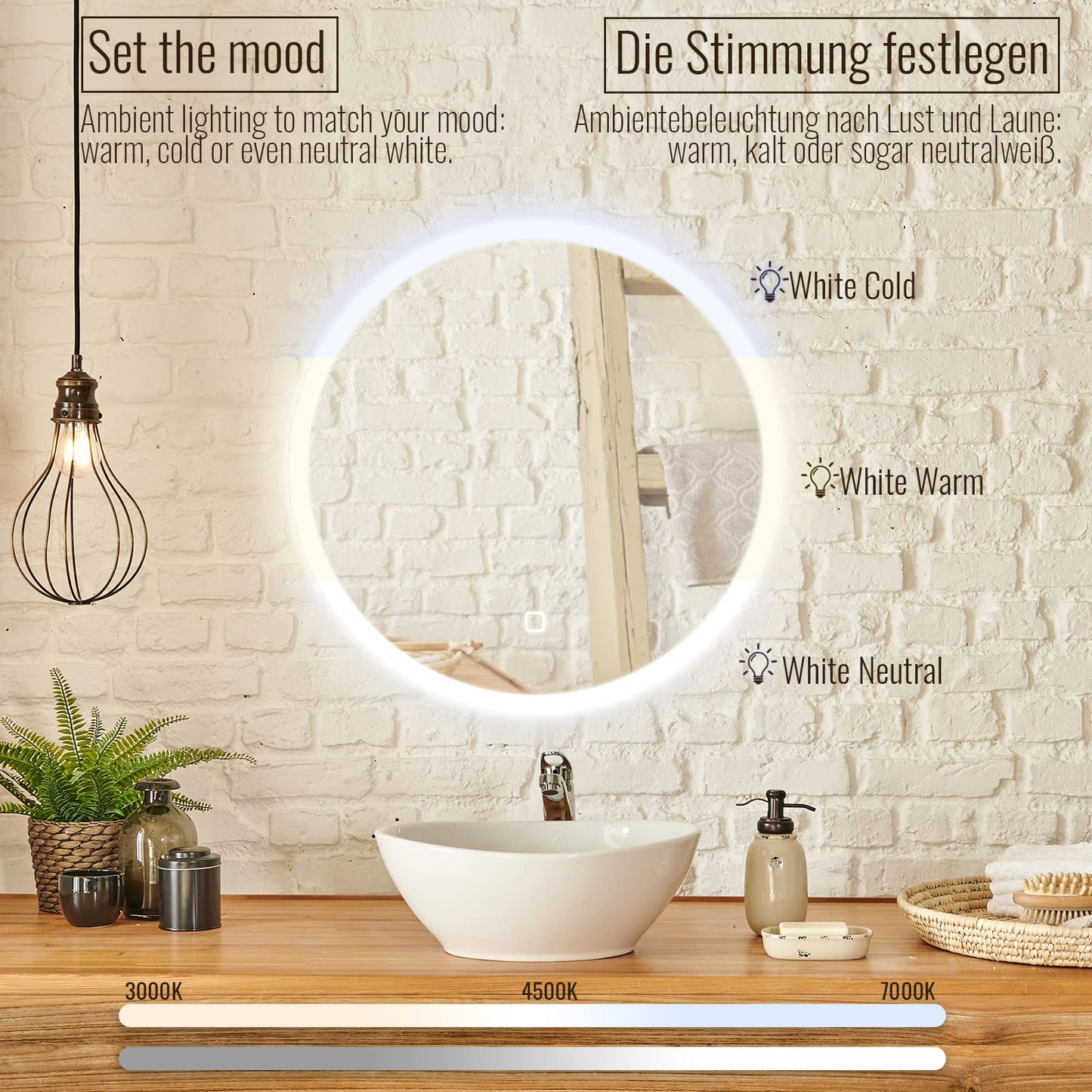 Aquamarin® LED bathroom mirror - Round 60/70/80 cm, Fog-free, Dimmable, Energy-saving, Touch, 3000-7000K, Model selection bathroom mirror, LED mirror, Light mirror, Wall mirror (Ø 70cm)