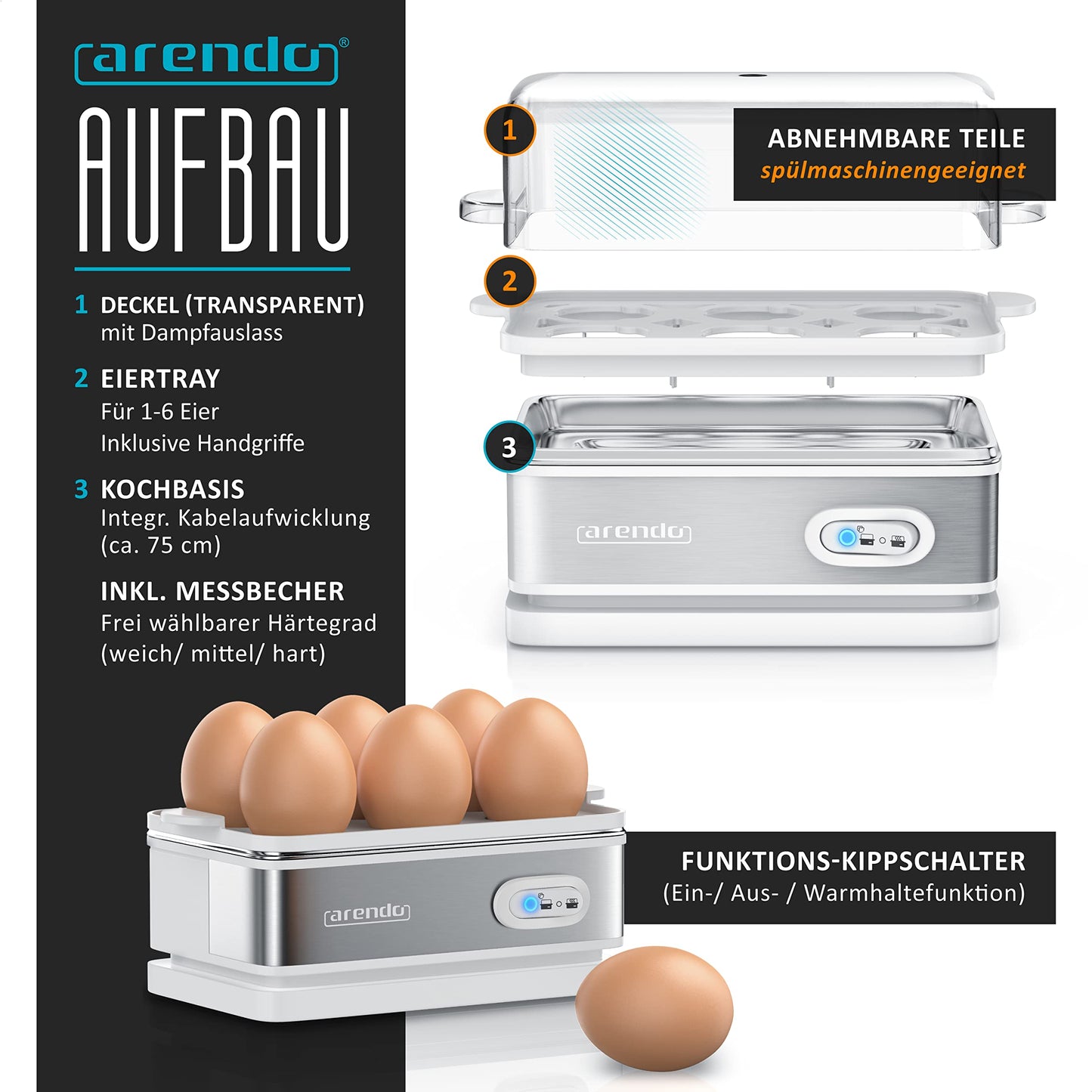 Arendo - Stainless Steel Egg Cooker with Keep Warm Function - Tilt function switch with indicator light - freely adjustable hardness level - rustproof brushed stainless steel - white