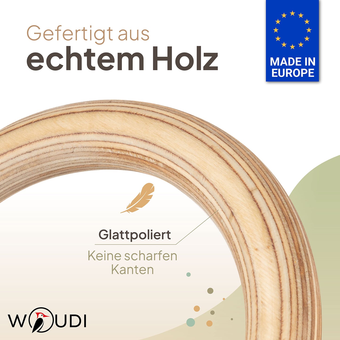 Woudi® wooden gymnastic rings made of laminated solid wood, swing rings with adjustable ropes, for kids and adults I Indoor & Outdoor use I gymnastic rings I toy (17cm outer diameter).