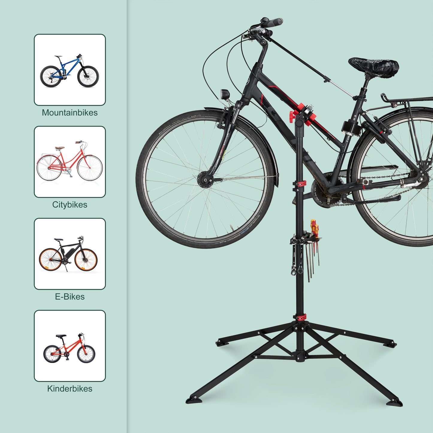 Relaxdays bike repair stand with tool tray - foldable & adjustable height - black four-legged stable stand - steel powder coated, 10017183, STANDARD
