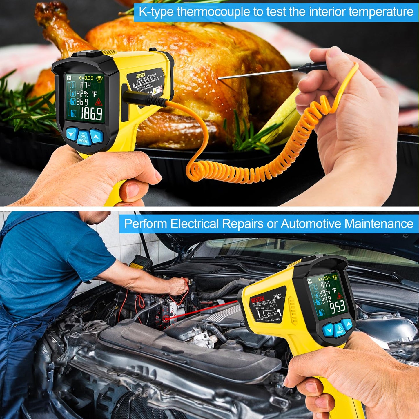Infrared Thermometer Laser MESTEK Temperature Gauge with K Probe IR Pyrometer -50°C to 800°C Non-contact Color LCD Alarm Adjustable Emissivity for Kitchen.