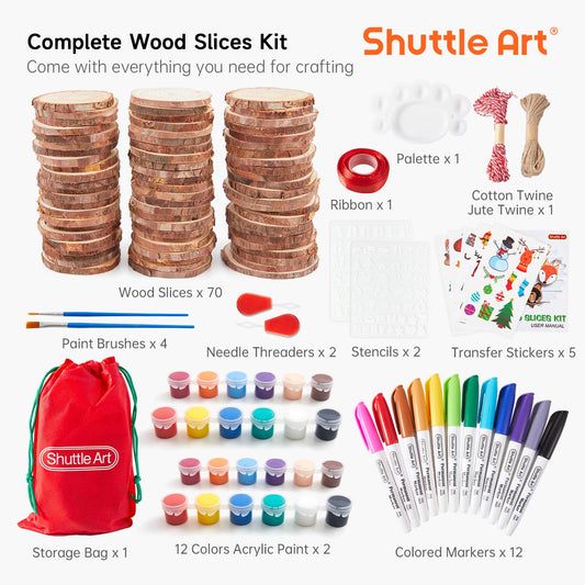 Shuttle Art Wooden Discs for Crafts, 70 Pieces 7-8cm Pre-Drilled Tree Slices with Hole, Natural Wood Slices for Painting with Acrylic Paints and Permanent Marker, Wood Circles, Suitable for Children, Christmas Decoration.