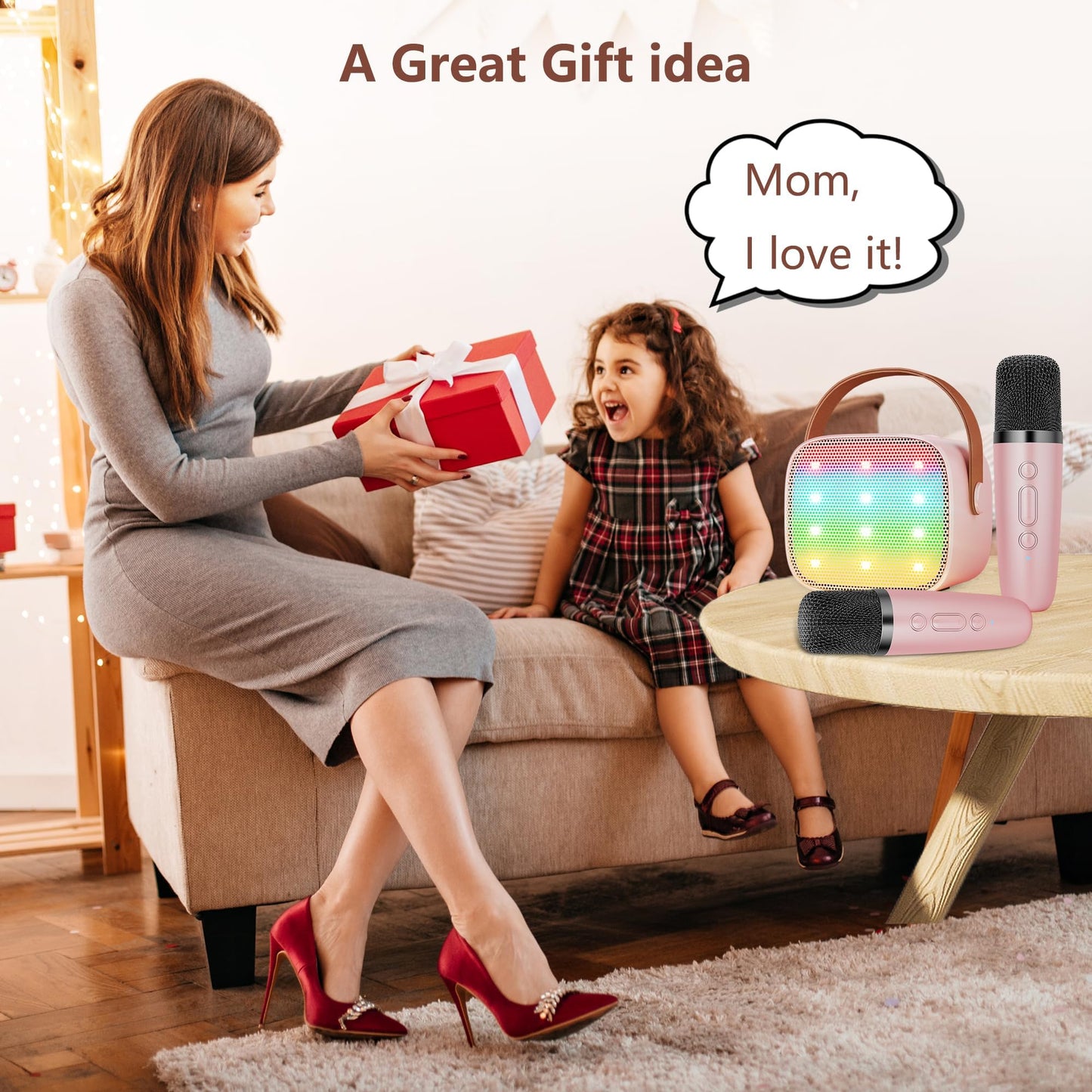 DiliDala Karaoke machine with 2 wireless microphones, Bluetooth speaker with light effects. Portable Bluetooth Karaoke machine for adults with voice changing effects for kids.
