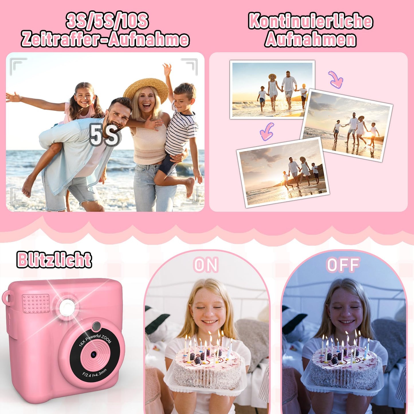 MILFECH Kids Camera Instant Camera, 1080P 2.4 Inch Screen Digital Camera for Kids with 5 rolls of printing paper, 32GB card, camera with 6 colored pens, 2 stickers. Perfect gift for kids (Pink)