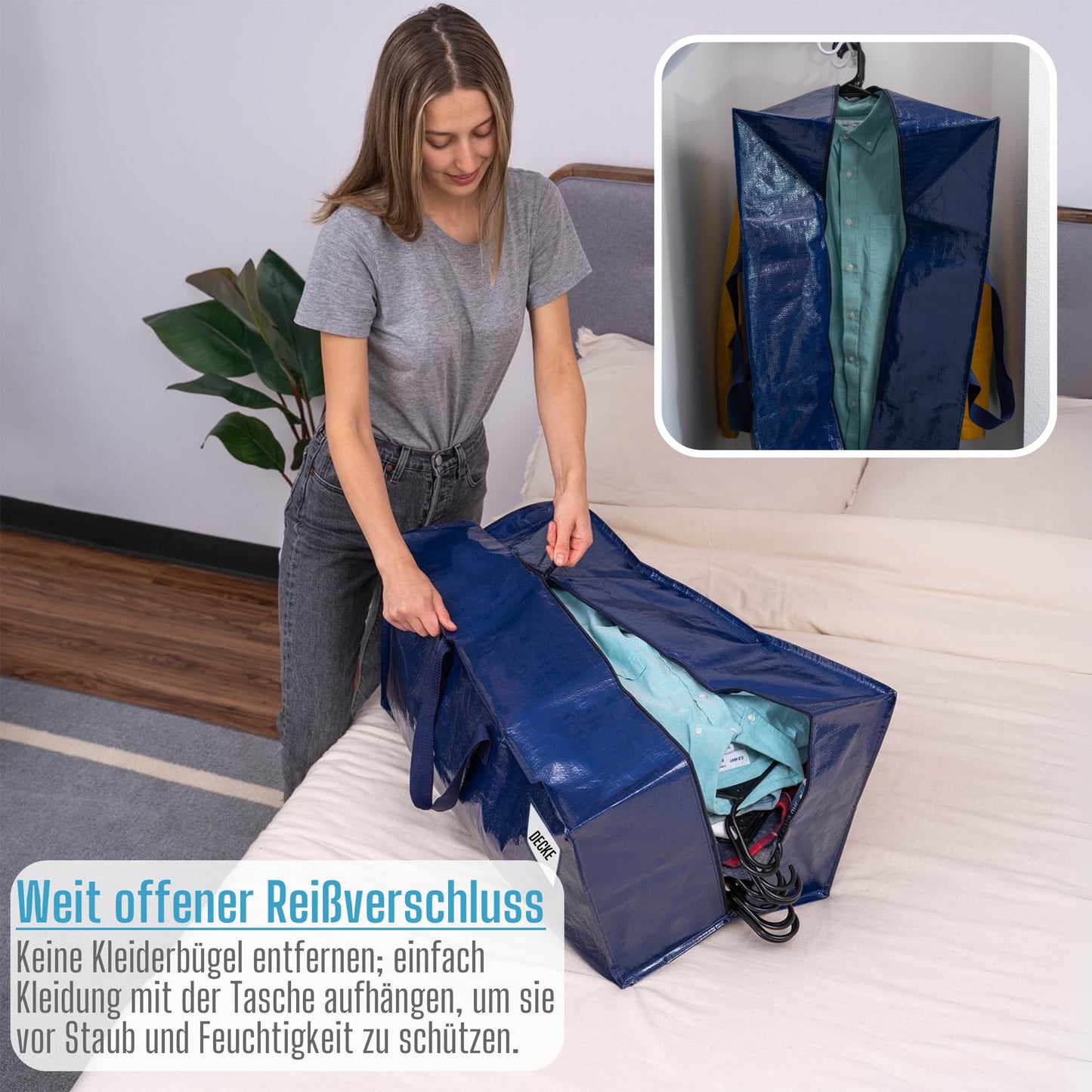 VENO 87-liter extra large moving bags with backpack straps, moving helpers, sturdy handles and zippers, clothes storage, laundry bags, reusable and sustainable (Blue, 10-pack)