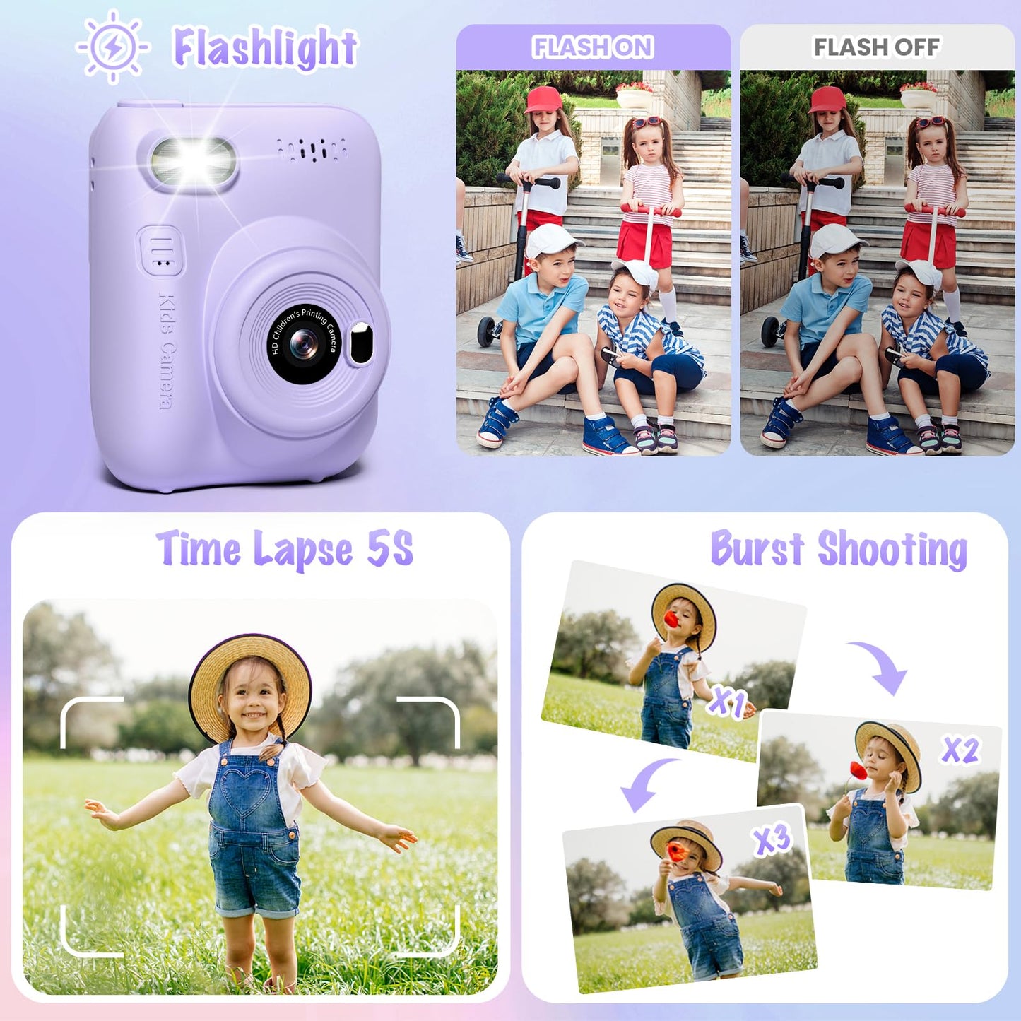 Gofunly Instant Camera for Kids, 3.0-inch Screen Kids Camera with 32GB Card & Print Paper, 14MP/1080P Kids Instant Print Camera, Gift for 3-12 Years Old (Violet)