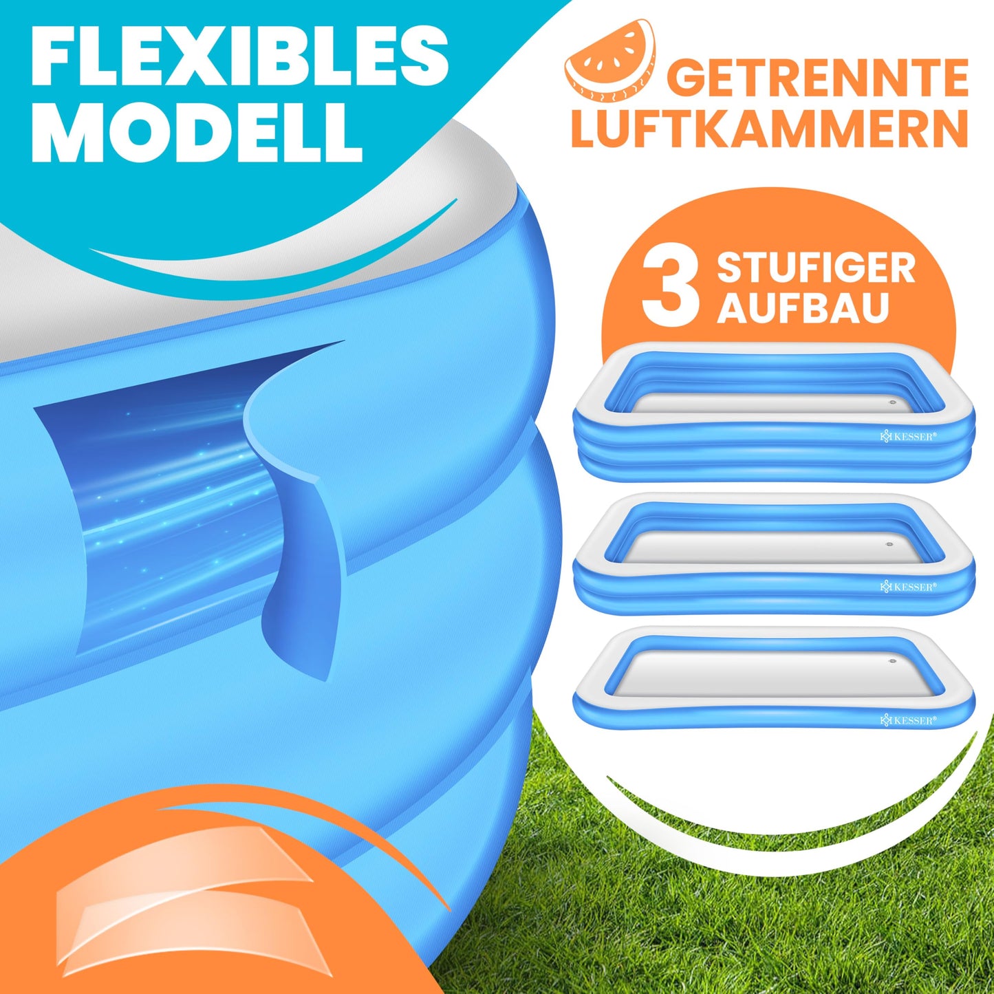 KESSER® Inflatable Pool Family Pool for children and adults Garden swimming pool Family swim pool Summer 305x183x56 cm Paddling pool 1180 liter volume Child-friendly Incl. Repair kit & Ball