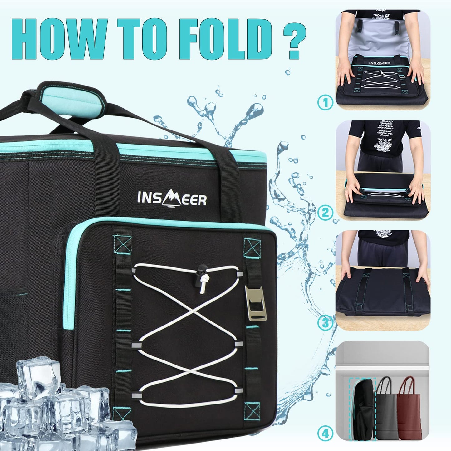 INSMEER Large 55L Cooler Bag, 90 Cans Foldable Cooler Bag, Leakproof & Waterproof Insulated Bag with Bottle Opener XXL Picnic Bag/Shopping Bag for Trip, Camping, Beach