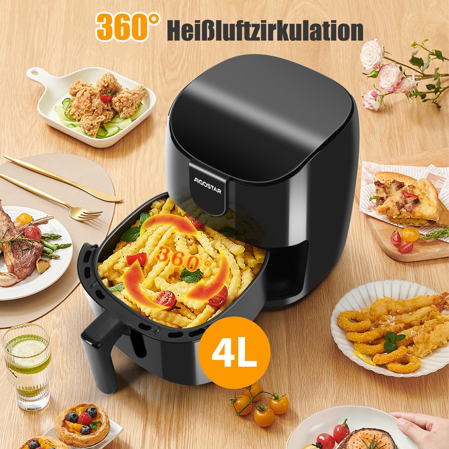 Aigostar Air Fryer 4L, large capacity hot air fryer, oil-free, 8 menu options, LED touchscreen, 1500W, BPA-free.