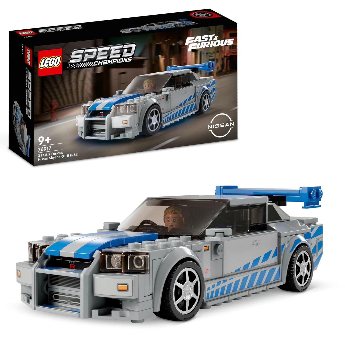 LEGO Speed Champions 2 Fast 2 Furious Nissan Skyline GT-R (R34) Racing Car Building Toy, 2023 Model Car Kit with Brian O'Conner Figure 76917