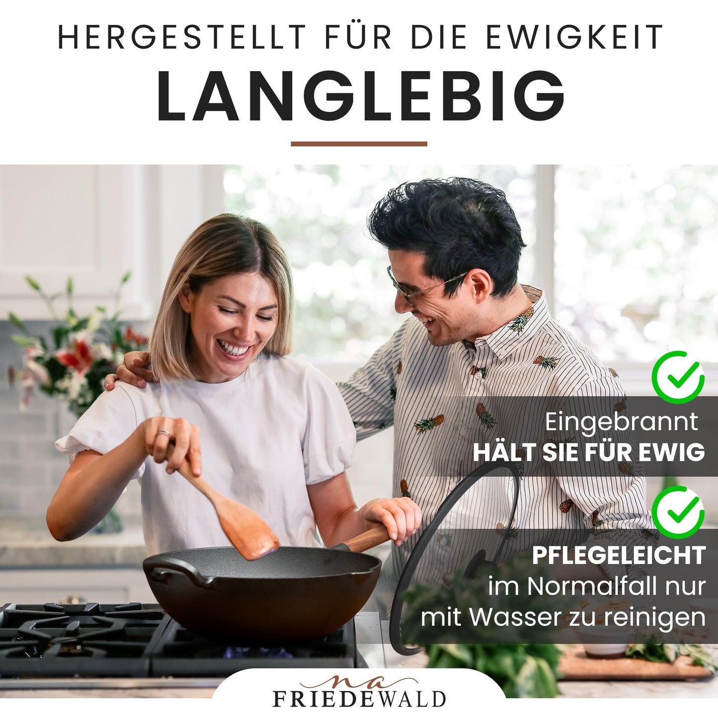 Friedewaldยฎ Cast Iron Wok with Lid - induction compatible - 33cm 5L / for 4-6 people - all cooktops - large grill & frying pan - non-stick coating - high rim - braising pan