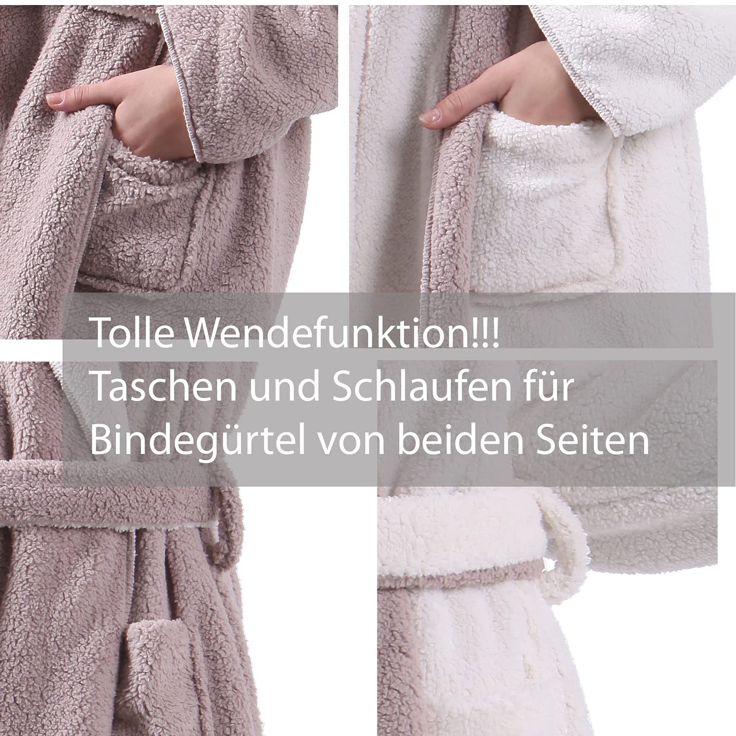 HOMELEVEL Sherpa Reversible Bathrobe in Sheepskin Look for men and women with hood, morning gown, housecoat