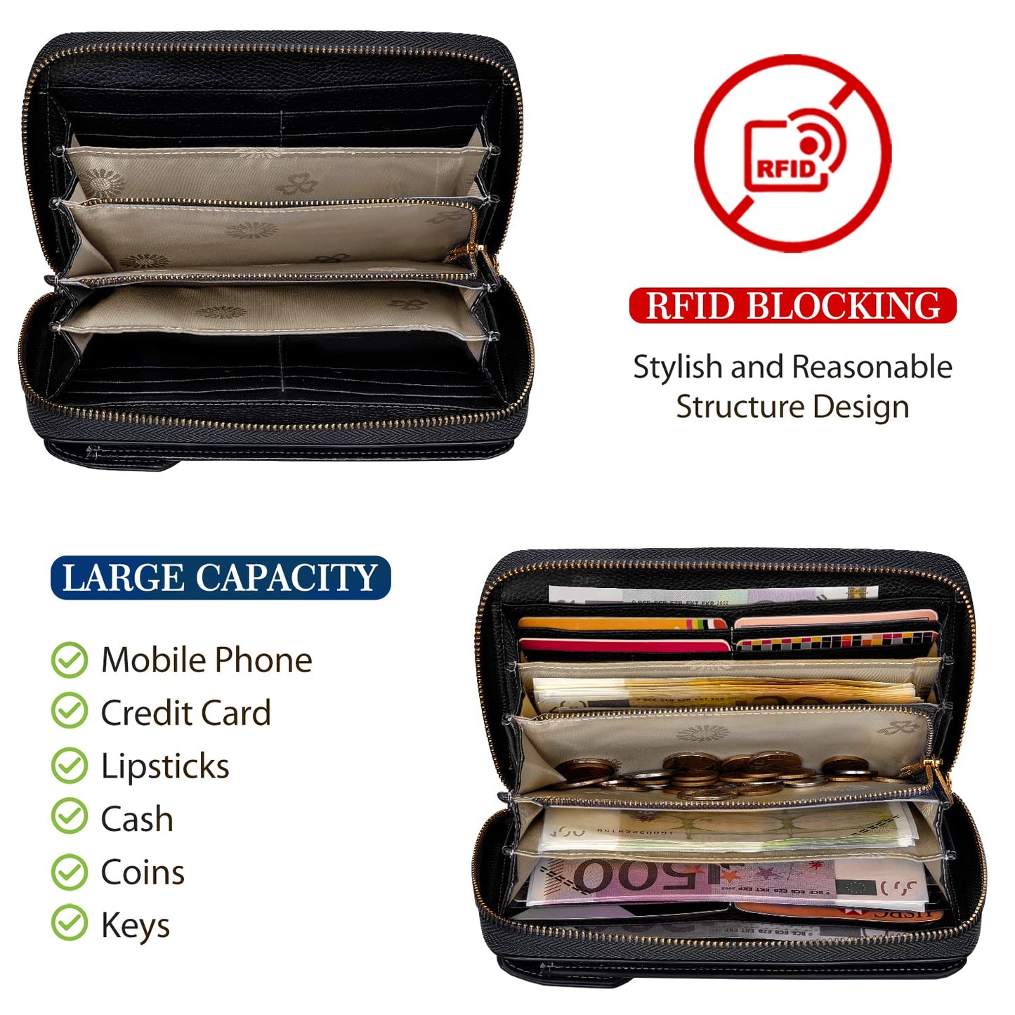 BTNEEU crossbody phone purse for women is made of leather with RFID protection. It features 12 card slots, adjustable shoulder strap, and can hold your phone and wallet securely. Available in black.