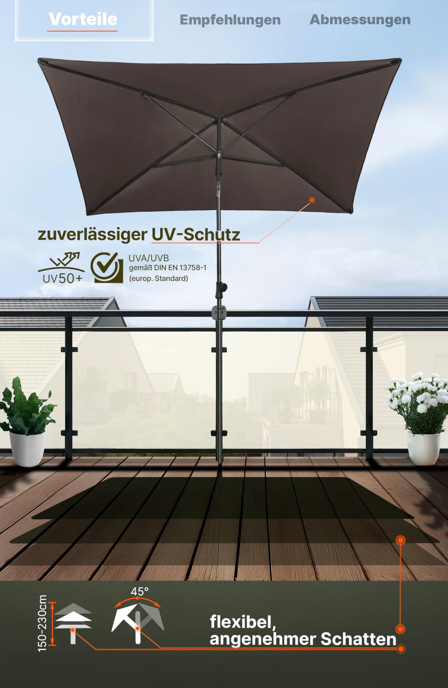 4smile balcony umbrella 200x125 cm with cover, Taupe - UV50+ rectangular and adjustable height sun umbrella, perfect for balcony sun protection as a replacement for cantilever umbrellas.