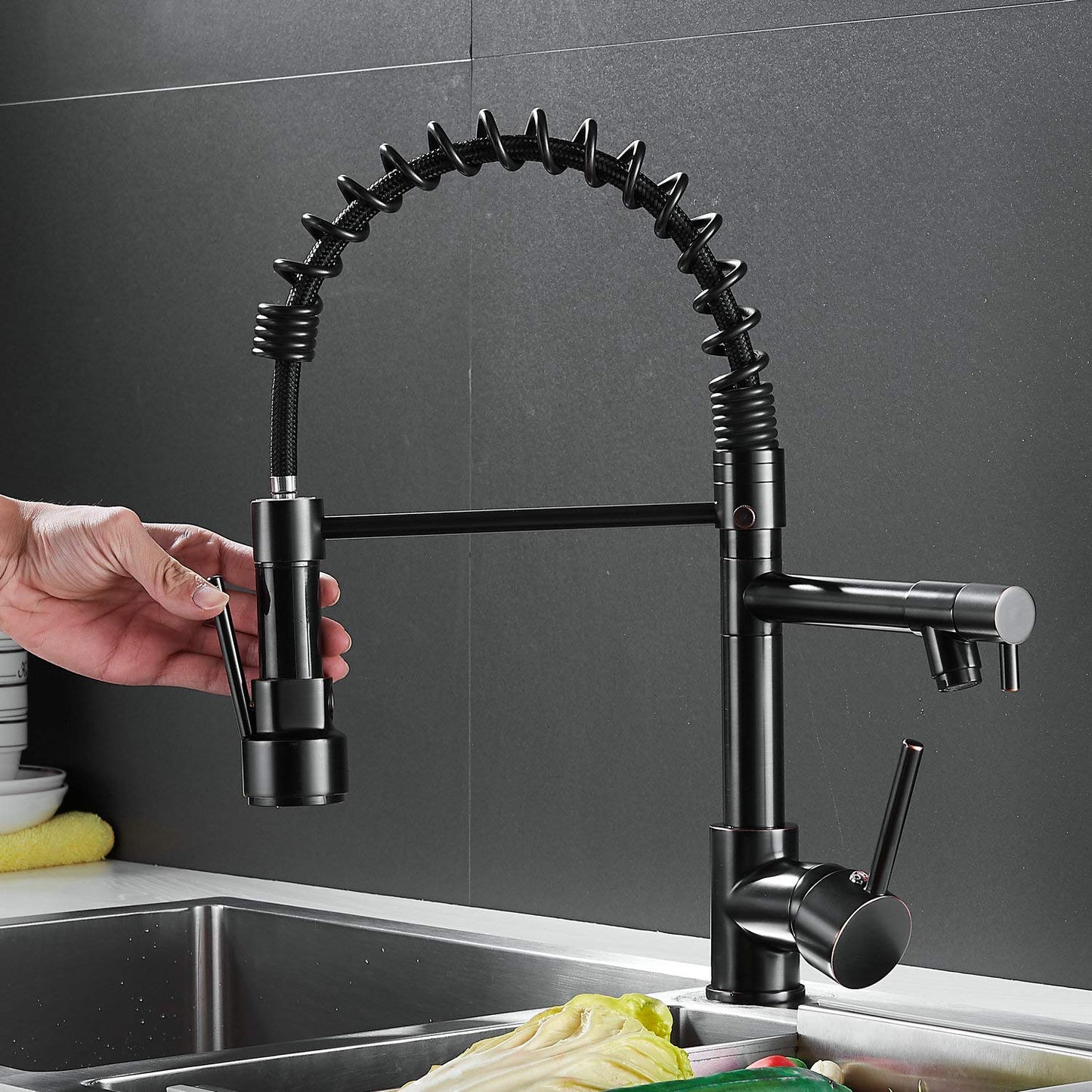 Kitchen faucet black, 360° rotatable sink faucet with pull-out spray, two spouts, spiral spring