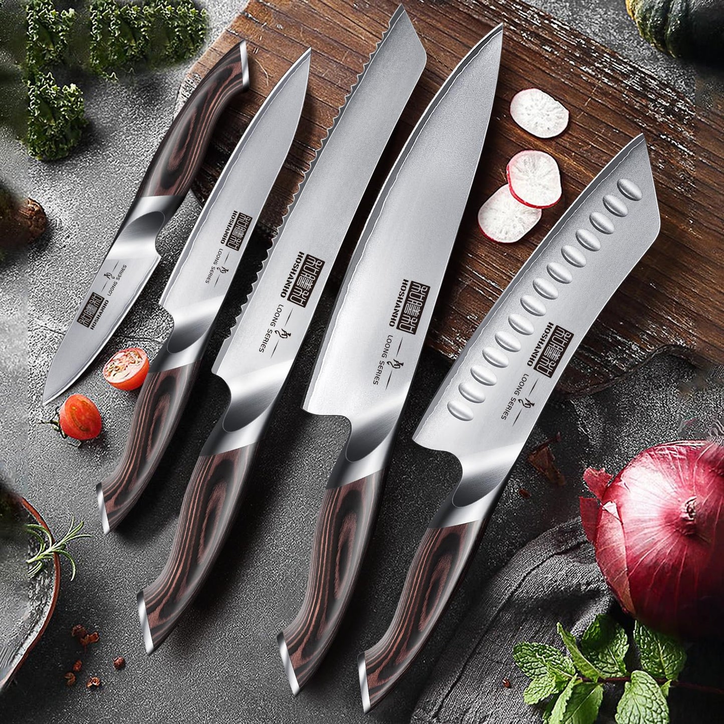 HOSHANHO 6-piece Knife Set, Ultra Sharp Kitchen Knife Set with Magnetic Knife Holder, Professional High Quality Carbon Steel Cooking Knife Set, Ergonomic Pakkawood Handle